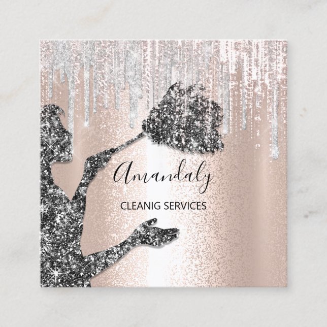 Maid House Cleaning Services Logo Silver Drip Blac Square Business Card (Front)