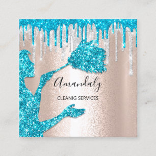 Maid House Cleaning Services Logo Silver Drip Blu Square Business Card