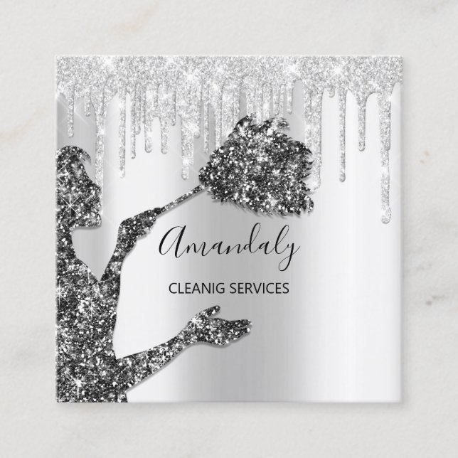 Maid House Cleaning Services Logo Silver Grey Glam Square Business Card (Front)