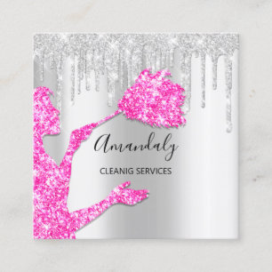 Maid House Cleaning Services Logo Silver Pink Grey Square Business Card