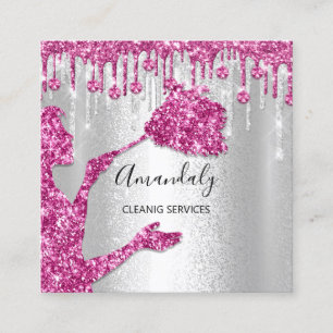 Maid House Cleaning Services Logo Silver Pink Grey Square Business Card