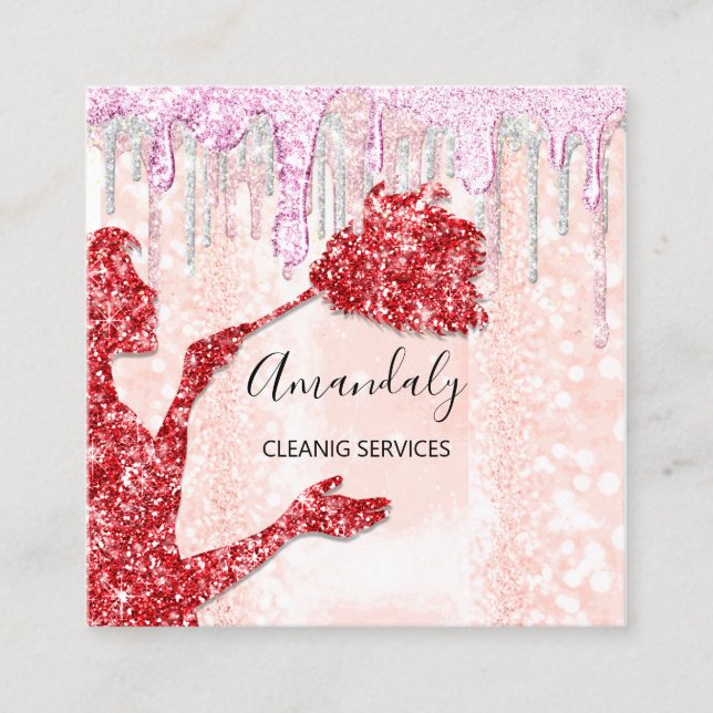 Maid House Cleaning Services Logo Silver Pink Red Square Business Card (Front)