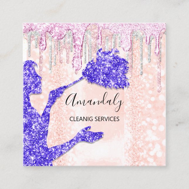 Maid House Cleaning Services Logo Silver Pink Square Business Card (Front)