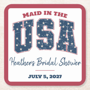 Maid in the USA, Stars, Stripes Bridal Shower Square Paper Coaster