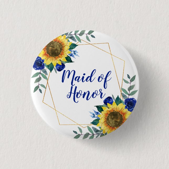 Maid of Honor Sunflower Geometric Blue Floral 3 Cm Round Badge (Front)