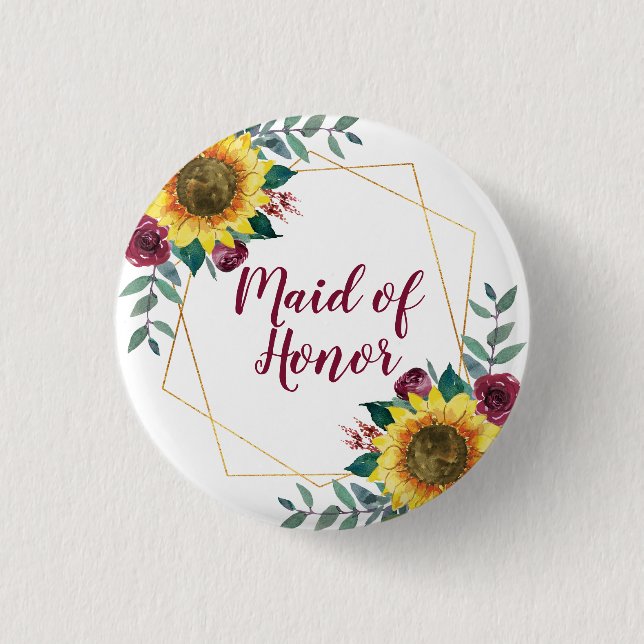 Maid of Honor Sunflower Geometric Burgundy 3 Cm Round Badge (Front)