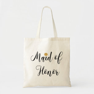 Maid of Honour Black Text with-Gold-Flower-Modern Tote Bag
