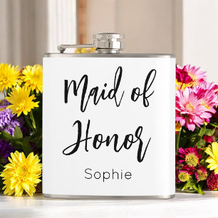 Maid of Honour Black White Bridesmaid Hip Flask