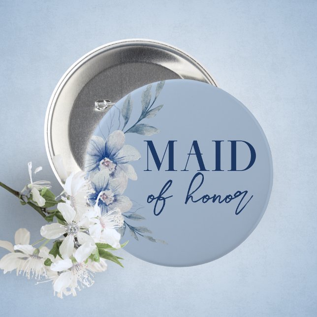 Maid of Honour Blue Floral Bridal Shower Button (Maid of Honor Watercolor Blue Floral Guest of Honor Buttons. 5 Sizes Available)