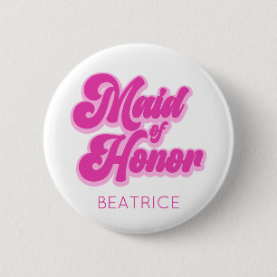 Maid of Honour Bubblegum Pink Retro Custom Name 6 Cm Round Badge