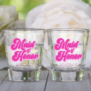 Maid of Honour Bubblegum Pink Retro Custom Name Shot Glass