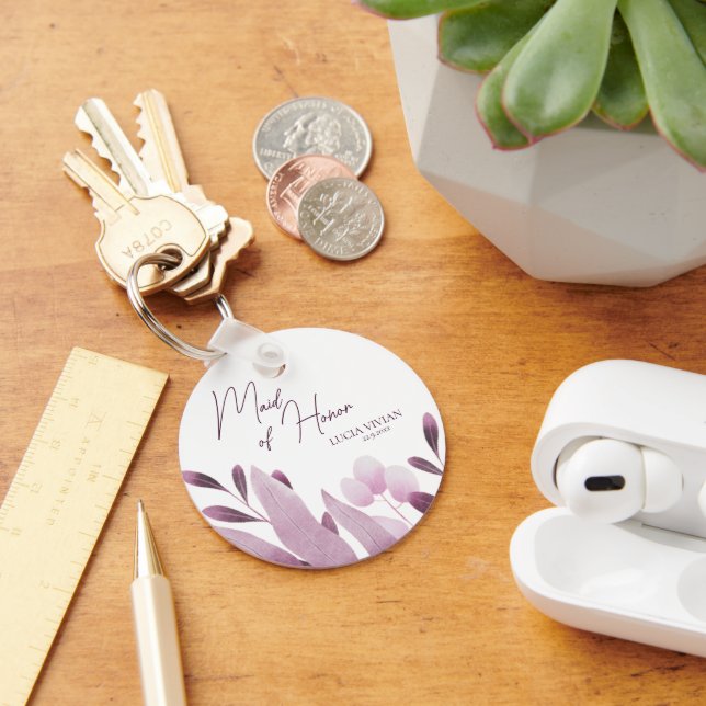 Maid of Honour Burgundy Big Leaves Wedding Gift Key Ring (Desk)