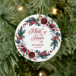 Maid Of Honour Christmas Floral Wreath Personalise Ceramic Ornament