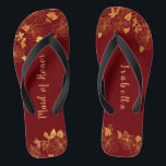 Maid of Honour Dark Burgundy & Gold Foliage  Thongs<br><div class="desc">These gorgeous dark burgundy and gold foliage maid of honour flip flops have a dark burgundy background that is adorned with an intricate gold floral greenery pattern and customisable modern typography. The combination of the rich burgundy and the shimmering gold create an elegant and luxurious aesthetic. It's a beautiful gift...</div>