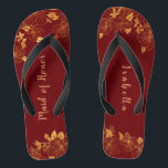 Maid of Honour Dark Burgundy & Gold Foliage  Thongs<br><div class="desc">These gorgeous dark burgundy and gold foliage maid of honour flip flops have a dark burgundy background that is adorned with an intricate gold floral greenery pattern and customisable modern typography. The combination of the rich burgundy and the shimmering gold create an elegant and luxurious aesthetic. It's a beautiful gift...</div>