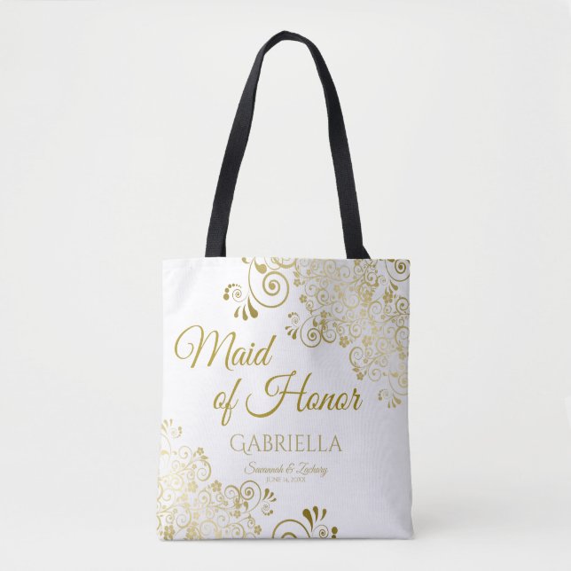 Maid of Honour Elegant Wedding Tote Bag Gold White (Front)