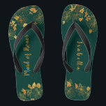 Maid of Honour Emerald Green & Gold Foliage  Thongs<br><div class="desc">These gorgeous emerald green and gold foliage maid of honour flip flops feature golden foliage pattern and modern typography on timeless dark green background. It's a beautiful gift for your bridal party. View the collection on this page to find matching items. ♥Customise it with your information. ♥ If you want...</div>