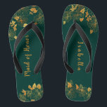Maid of Honour Emerald Green & Gold Foliage  Thongs<br><div class="desc">These gorgeous emerald green and gold foliage maid of honour flip flops feature golden foliage pattern and modern typography on timeless dark green background. It's a beautiful gift for your bridal party. View the collection on this page to find matching items. ♥Customise it with your information. ♥ If you want...</div>
