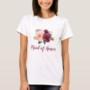 Maid of Honour Floral Blush Pink Burgundy Rose T-Shirt