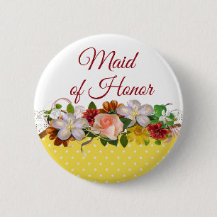 Maid of Honour Floral Bouquet Wedding Button