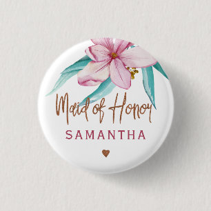 Maid of honour floral pink copper bridal shower 3 cm round badge