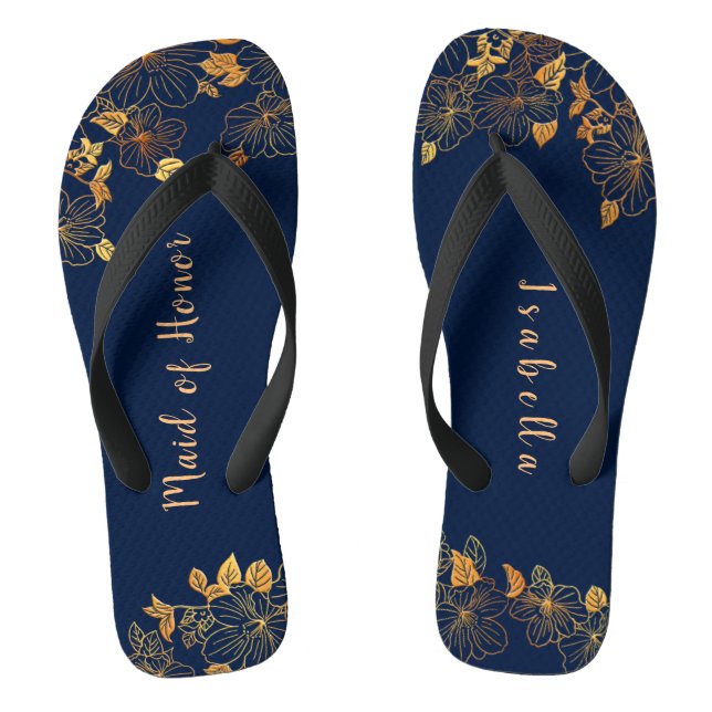 Maid of Honour Gold Foliage Navy Blue Thongs (Footbed)