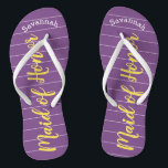 Maid of Honour Golden Yellow and Purple Thongs<br><div class="desc">Golden Yellow White Stripes Pattern - Change to Any Colour by clicking customise. And say anything you want. Make these one of a kind flip flops that have YOUR message on them. Be the talk of the beach! Personalised with your name or whatever and title or your text here. You...</div>