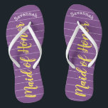 Maid of Honour Golden Yellow and Purple Thongs<br><div class="desc">Golden Yellow White Stripes Pattern - Change to Any Colour by clicking customise. And say anything you want. Make these one of a kind flip flops that have YOUR message on them. Be the talk of the beach! Personalised with your name or whatever and title or your text here. You...</div>