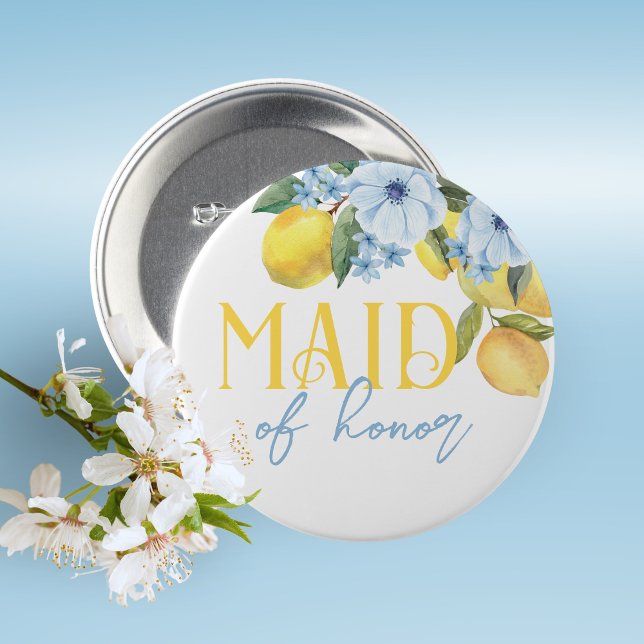 Maid of Honour Lemon Bridal Shower Pin on Button (Lemon Bridal Shower Pin on Buttons for Your Special Guests of Honor Such as Grandma's, Mom's & More)