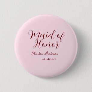 Maid of honour mauve name date pink pastel brides 6 cm round badge