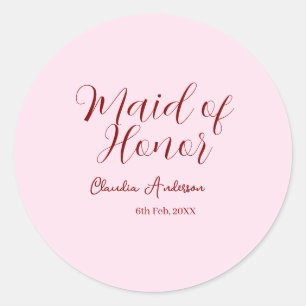 Maid of honour mauve name date pink pastel brides classic round sticker