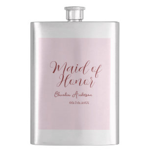 Maid of honour mauve name date pink pastel brides hip flask