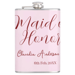 Maid of honour mauve name date pink pastel brides hip flask