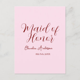Maid of honour mauve name date pink pastel brides postcard