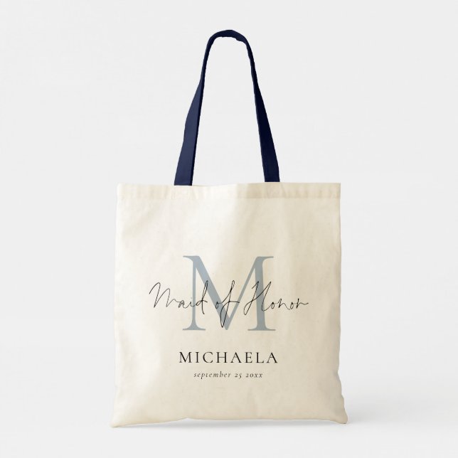 Maid of Honour Monogram Initial Name Script Blue Tote Bag (Back)