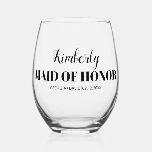 Maid of honour name black typography wedding stemless wine glass