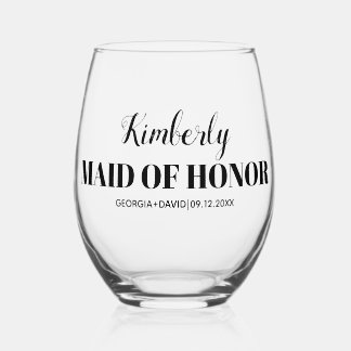 Maid of honour name black typography wedding stemless wine glass