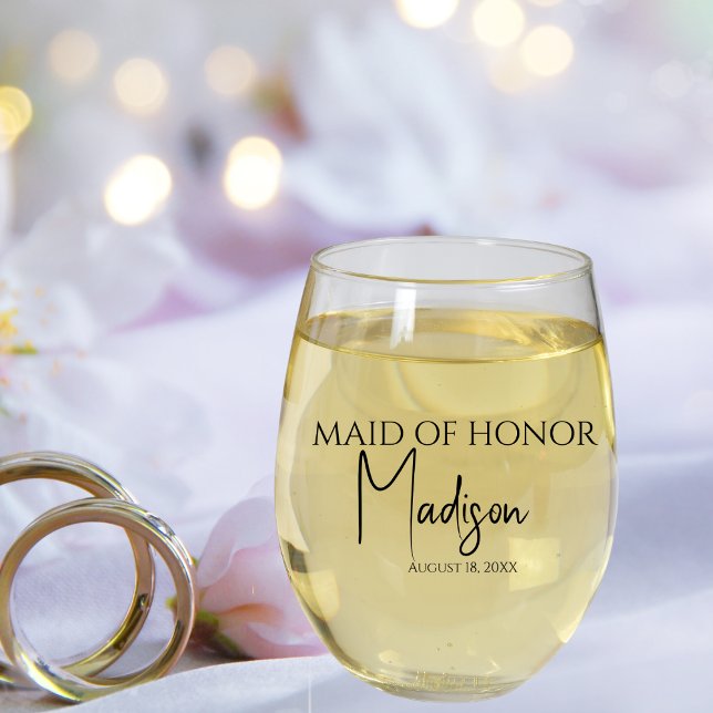 Maid of Honour Name Date  Custom Stemless Wine Glass (Creator Uploaded)
