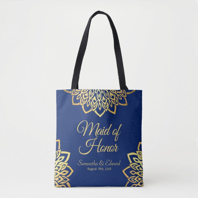 Maid of Honour Navy Blue Gold Elegant Wedding Tote Bag (Front)