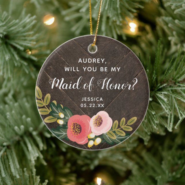 Maid Of Honour Personalised Farmhouse Boho Florals Ceramic Ornament (Tree)