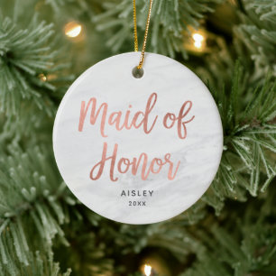 Maid of Honour Personalised Rose Gold Faux Marble Ceramic Ornament
