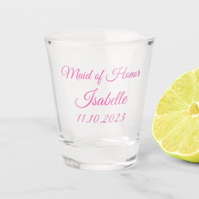 Maid of Honour Pink Custom Name Gifts Wedding Shot Glass (Front)