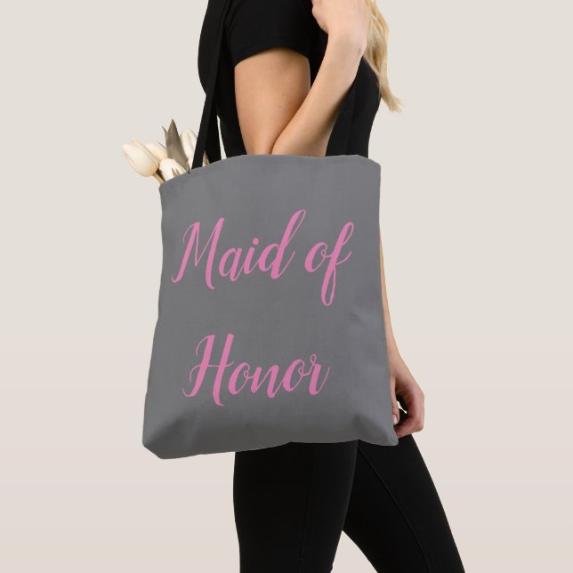 Maid of Honour Pink Grey Script Elegant Wedding  Tote Bag (Close Up)