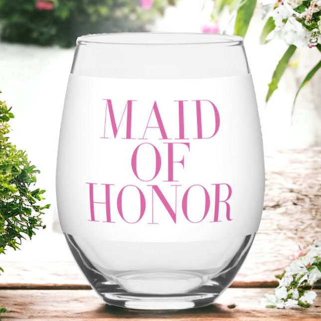 Maid of Honour Pink Modern Personalised  Stemless Wine Glass (Creator Uploaded)