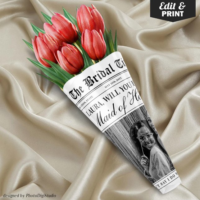 Maid of Honour Proposal Newspaper Flower Bouquet Wrapping Paper Sheet (Editable Maid of Honor Proposal Newspaper Flower Bouquet Wrapping Paper Sheets)