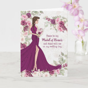Maid of Honour Request Plum and Pink Ranunculus Card