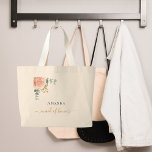 Maid of honour rose gold floral eucalyptus greener large tote bag<br><div class="desc">A chic white background. Decorated with a rose gold, blush pink floral, flower (rose)and green watercolored eucalyptus leaves, sprigs, greenery and a faux gold sprig. Personalise and add the name of the Maid of Honour. Black and golden letters. With the text: maid of honour written with a modern hand lettered...</div>