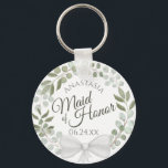 Maid of Honour Rustic Eucalyptus Wreath Wedding Key Ring<br><div class="desc">These keychains are designed to give as a favour or gift for the Maid of Honour in your wedding party. They feature a rustic hand painted watercolor design with a wreath of eucalyptus and foliage in shades of mint, moss, and sage green. The text is written in elegant script letters,...</div>