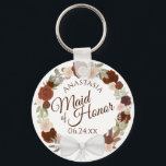 Maid of Honour Rustic Fall Floral Wreath Wedding Key Ring<br><div class="desc">These keychains are designed to give as a favour or gift for the Maid of Honour in your wedding party. They feature a rustic hand painted watercolor design with a wreath of roses and foliage in shades of burnt umber, rust orange, and coral peach. The text is written in elegant...</div>