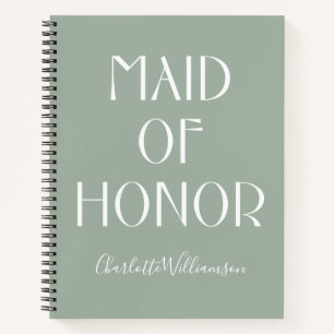 Maid of Honour Sage Green Typography Name Wedding Notebook